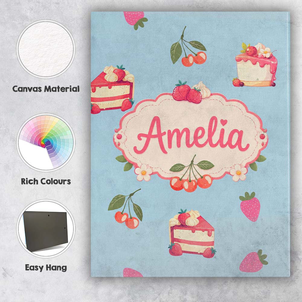 Personalised Name Cute Strawberry Cake Custom Modern Room Accent Elegant Feature Canvas Wall Art Print Decor Picture Ready to Hang