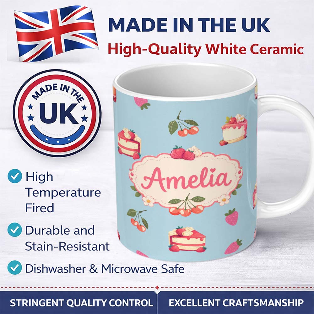 Personalized Custom Name Cute Strawberry Cake Cherry Dessert Blue Background Seamless 11oz Ceramic Coffee Tea Mug White Large Handle