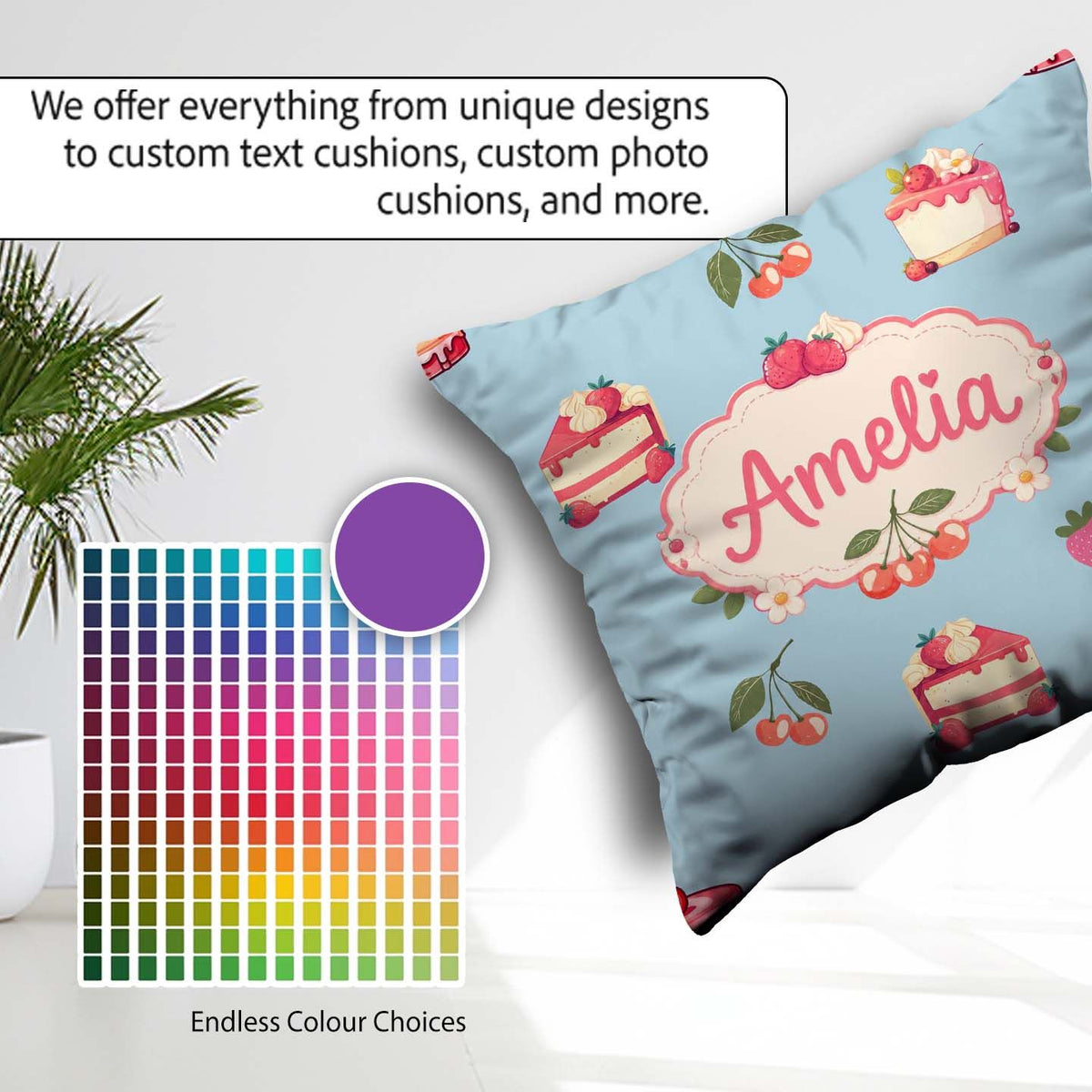 Custom Name Cute Strawberry Cake Cherry Blue Background Seamless Square Filled Cushion Throw Pillow Sofa Bed Home Decor Zip Washable UK Made