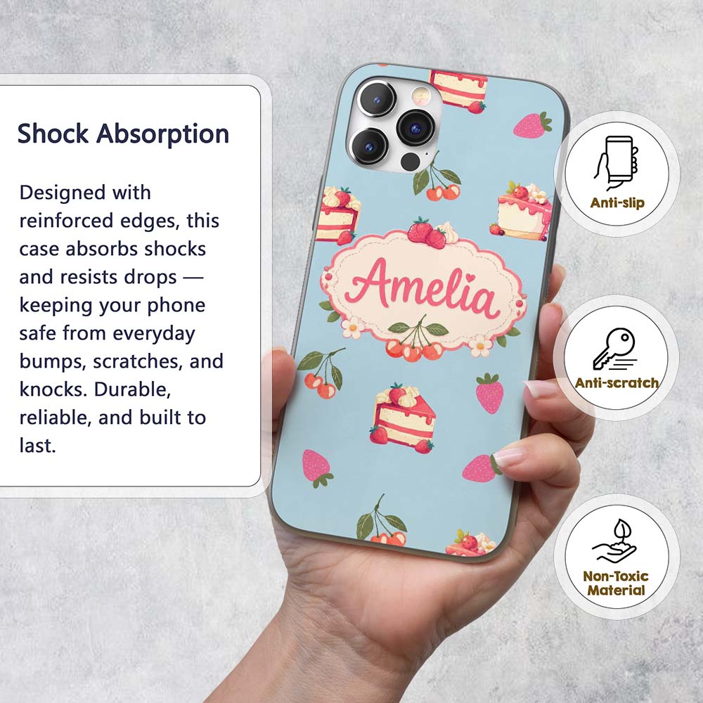 Cute Strawberry Cake Cherry Decorative Design Custom Name Protective Phone Case Mobile Cover Durable Everyday Smartphone Shock Resistant