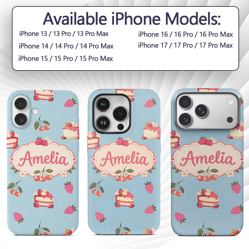 Cute Strawberry Cake Cherry Decorative Design Custom Name Protective Phone Case Mobile Cover Durable Everyday Smartphone Shock Resistant