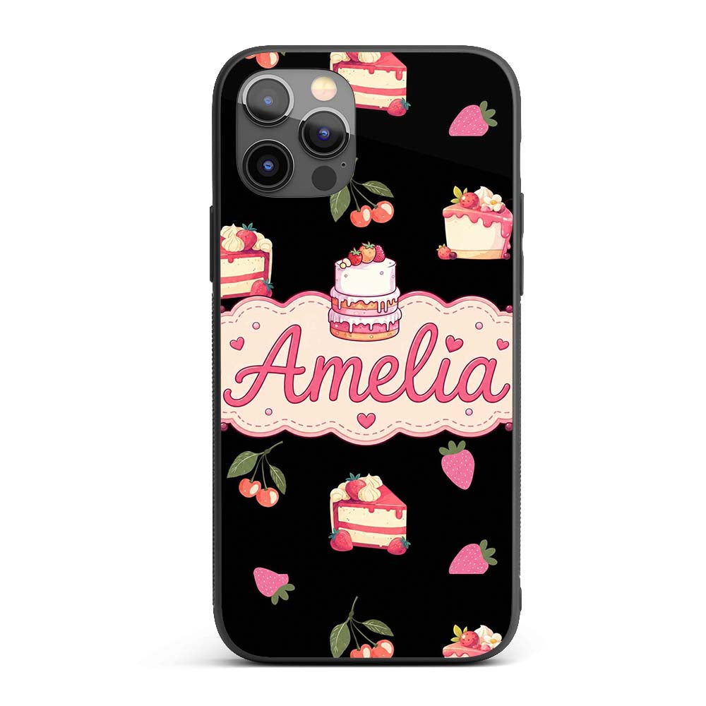 Cute Strawberry Cake Cherry Decorative Design Custom Name Protective Phone Case Mobile Cover Durable Everyday Smartphone Shock Resistant