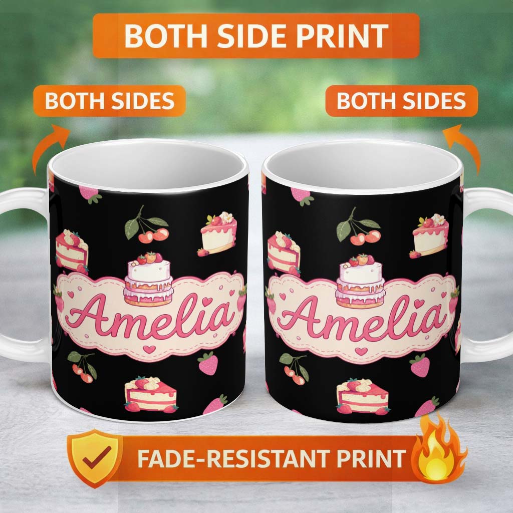 Personalized Custom Name Cute Strawberry Cake Cherry Dessert Black Background Seamless 11oz Ceramic Coffee Tea Mug White Large Handle