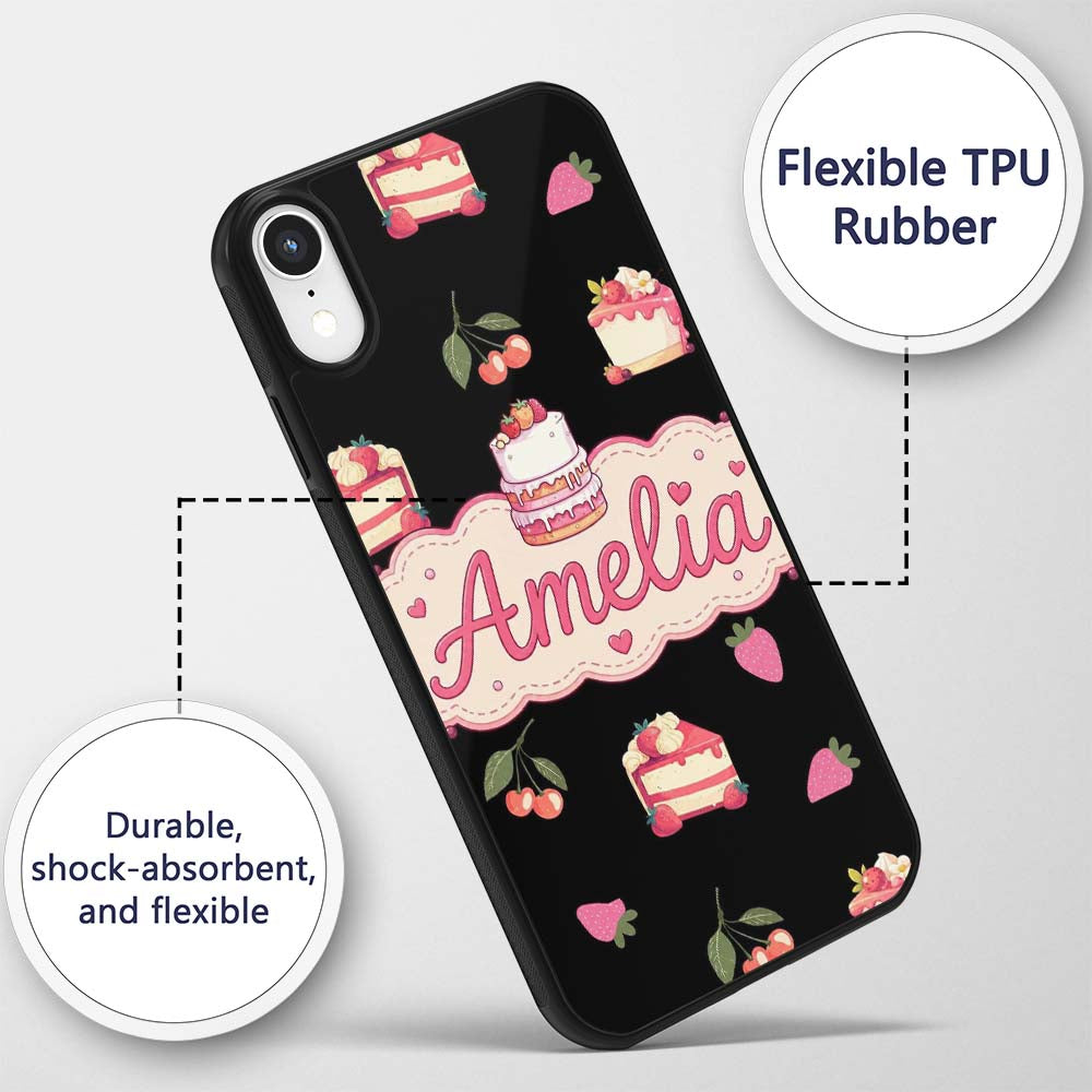 Cute Strawberry Cake Cherry Decorative Design Custom Name Protective Phone Case Mobile Cover Durable Everyday Smartphone Shock Resistant