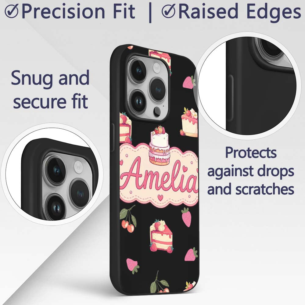 Cute Strawberry Cake Cherry Decorative Design Custom Name Protective Phone Case Mobile Cover Durable Everyday Smartphone Shock Resistant