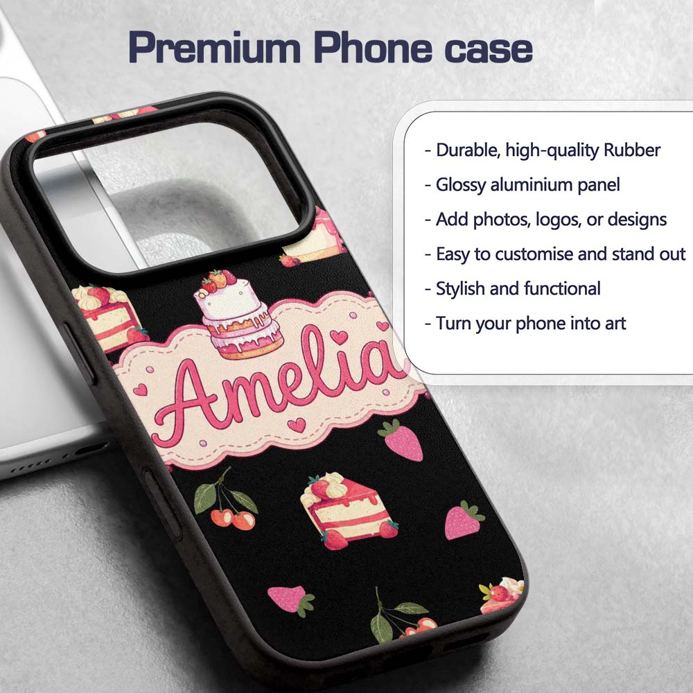 Cute Strawberry Cake Cherry Decorative Design Custom Name Protective Phone Case Mobile Cover Durable Everyday Smartphone Shock Resistant
