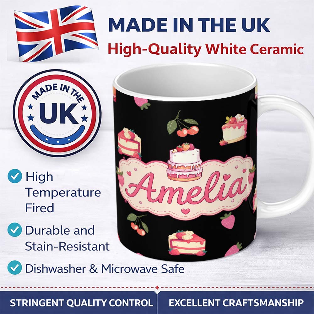Personalized Custom Name Cute Strawberry Cake Cherry Dessert Black Background Seamless 11oz Ceramic Coffee Tea Mug White Large Handle