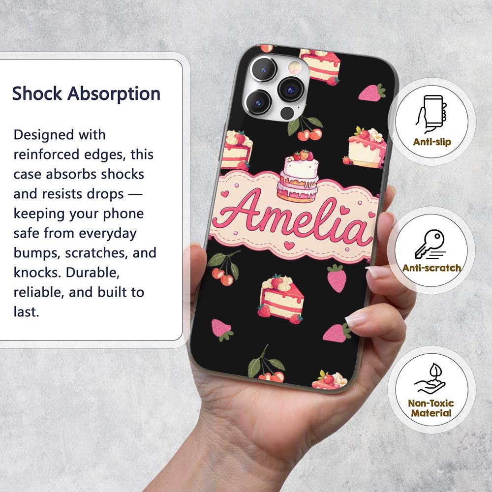 Cute Strawberry Cake Cherry Decorative Design Custom Name Protective Phone Case Mobile Cover Durable Everyday Smartphone Shock Resistant