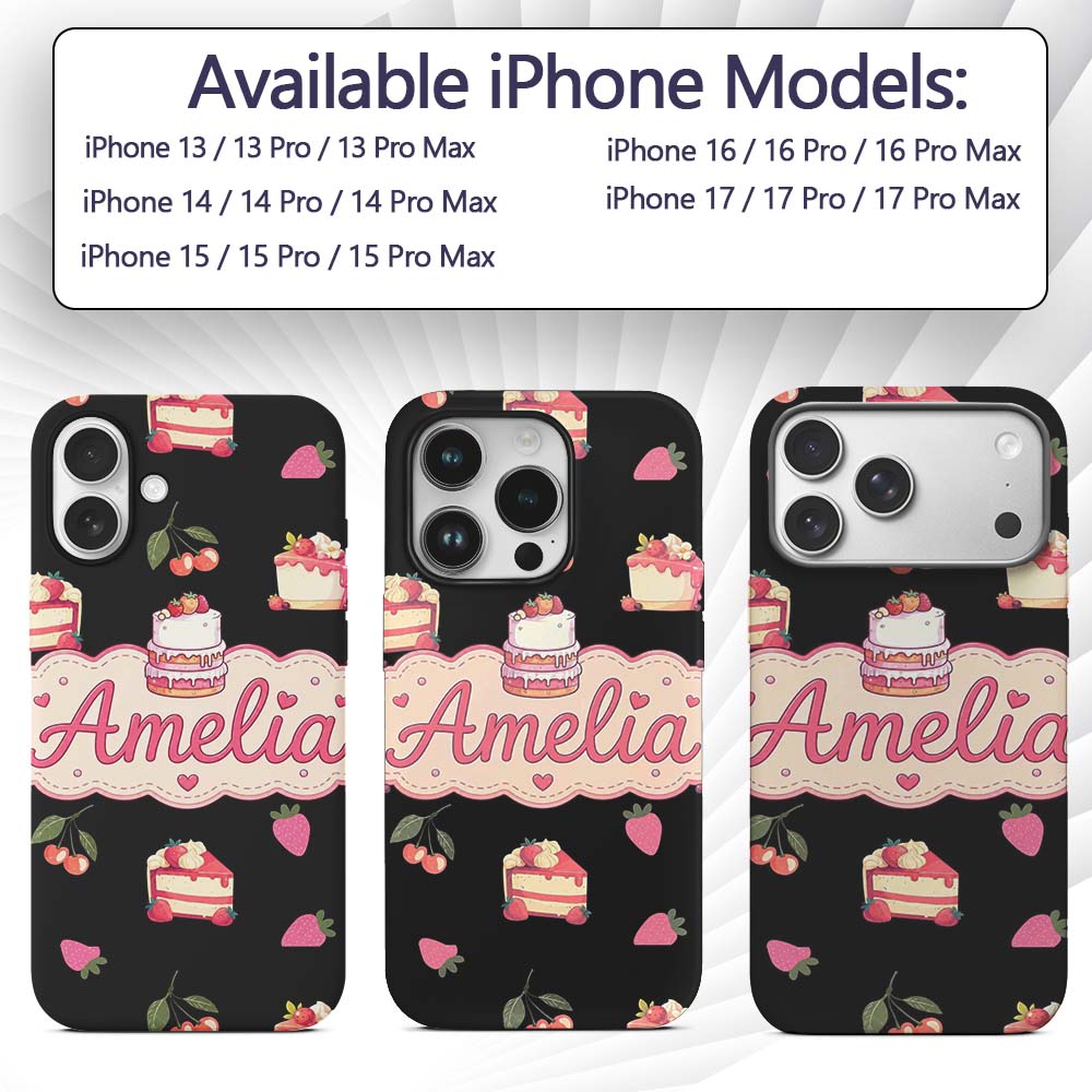 Cute Strawberry Cake Cherry Decorative Design Custom Name Protective Phone Case Mobile Cover Durable Everyday Smartphone Shock Resistant