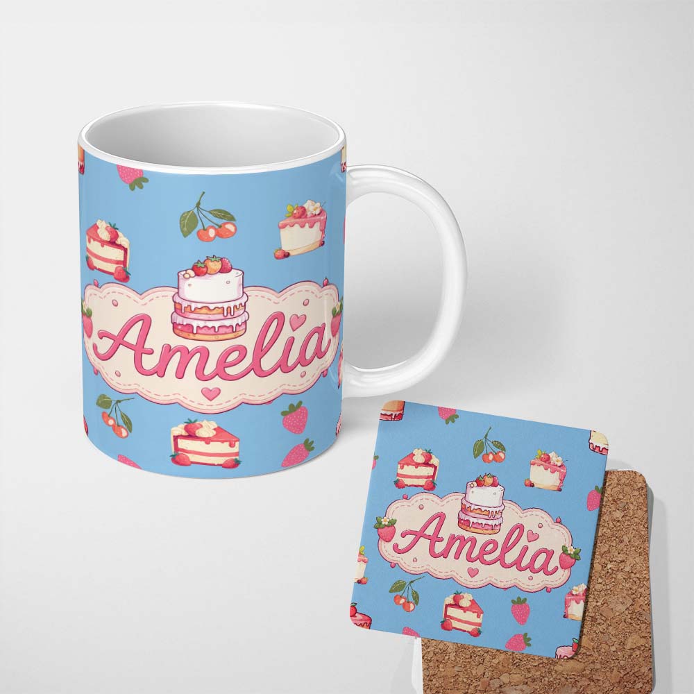 Personalized Custom Name Cute Strawberry Cake Cherry Dessert Blue Sky Background Seamless 11oz Ceramic Coffee Tea Mug White Large Handle