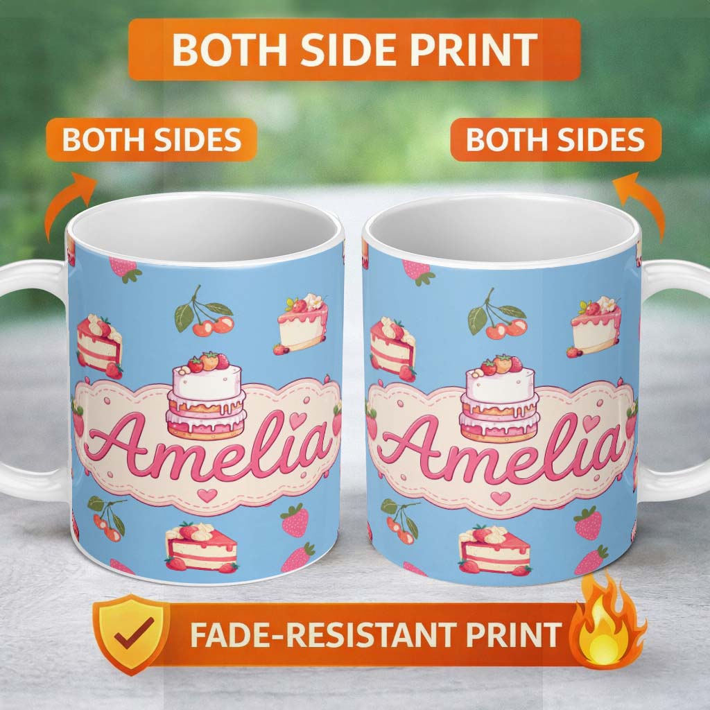 Personalized Custom Name Cute Strawberry Cake Cherry Dessert Blue Sky Background Seamless 11oz Ceramic Coffee Tea Mug White Large Handle