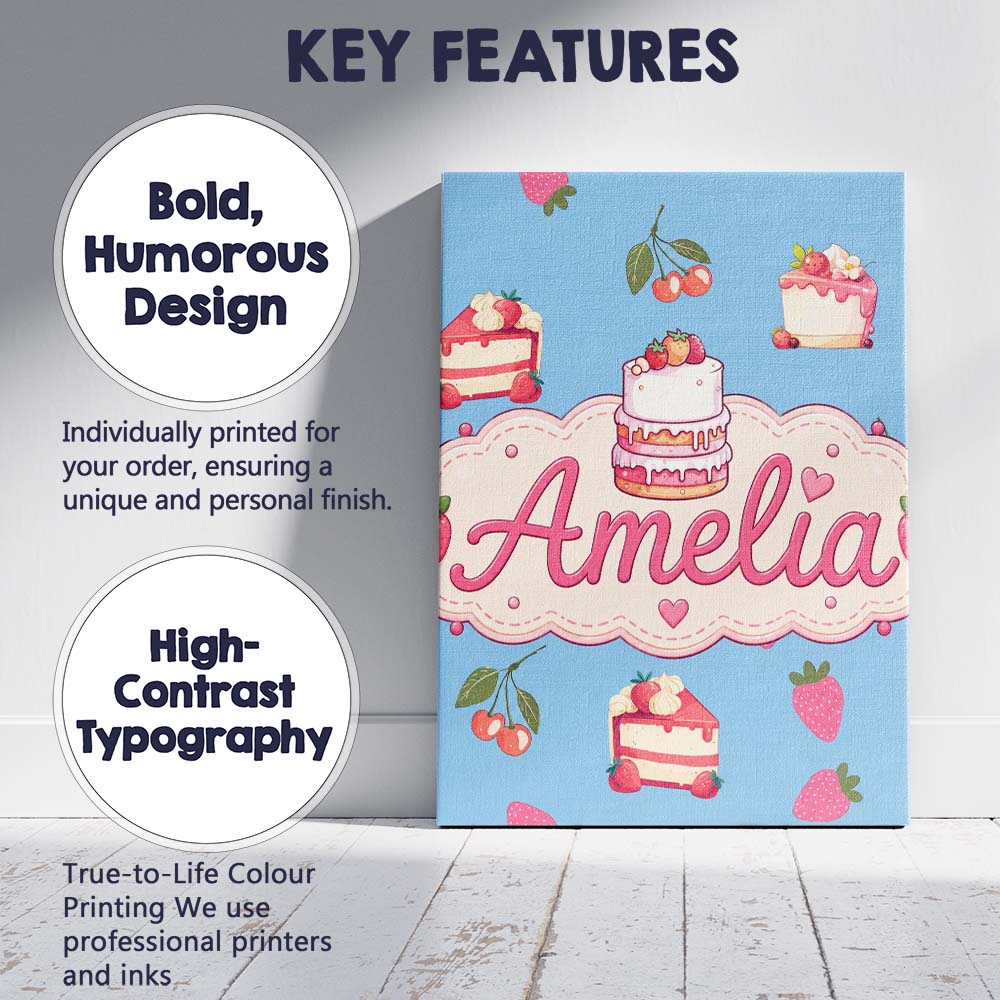 Personalised Name Cute Strawberry Cake Custom Modern Room Accent Elegant Feature Canvas Wall Art Print Decor Picture Ready to Hang