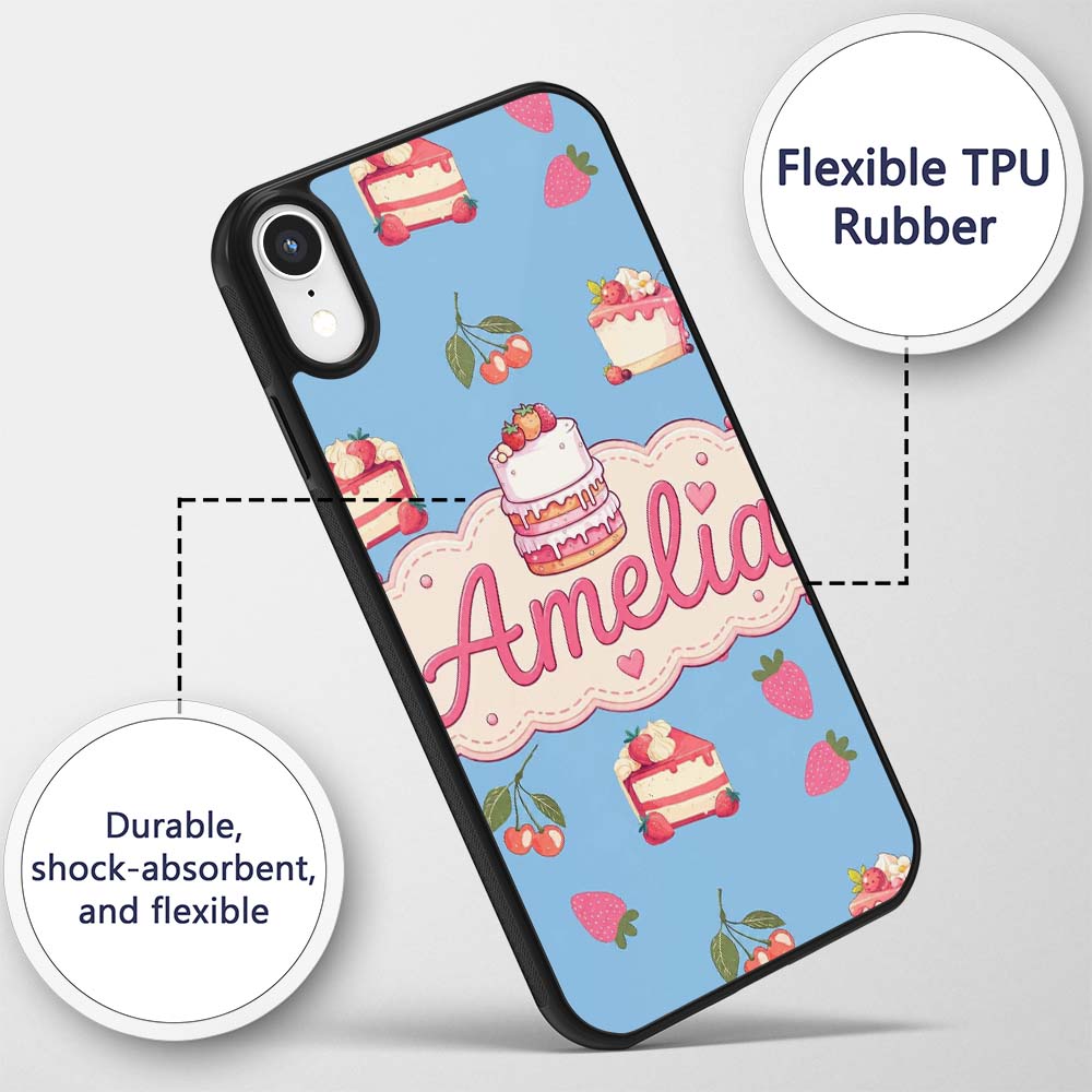 Cute Strawberry Cake Cherry Dessert Blue Sky Custom Name Protective Phone Case Mobile Cover Durable Everyday Smartphone Shock Resistant