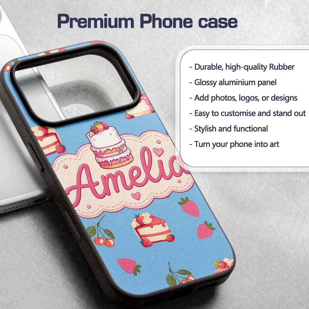 Cute Strawberry Cake Cherry Dessert Blue Sky Custom Name Protective Phone Case Mobile Cover Durable Everyday Smartphone Shock Resistant