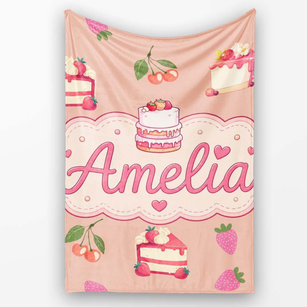 Cute Strawberry Cherry Cake Dessert Beige Background Seamless Personalised Custom Name Super Soft Fleece Blanket Bed Sofa Throw