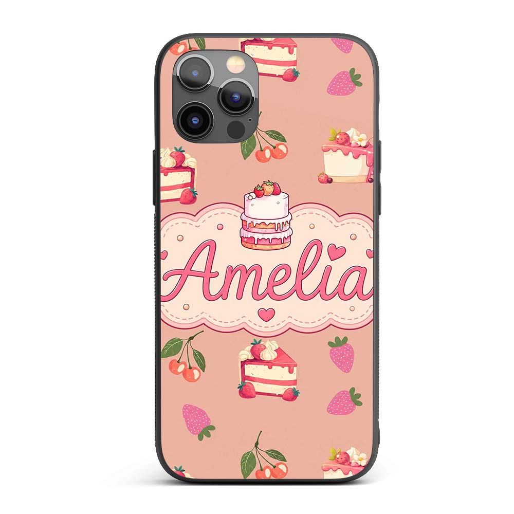Cute Strawberry Cherry Cake Decorative Design Custom Name Protective Phone Case Mobile Cover Durable Everyday Smartphone Shock Resistant