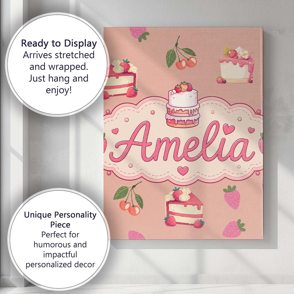 Personalised Name Cute Strawberry Cherry Custom Unique Gift Idea Elegant Feature Canvas Wall Art Print Decor Picture Ready to Hang