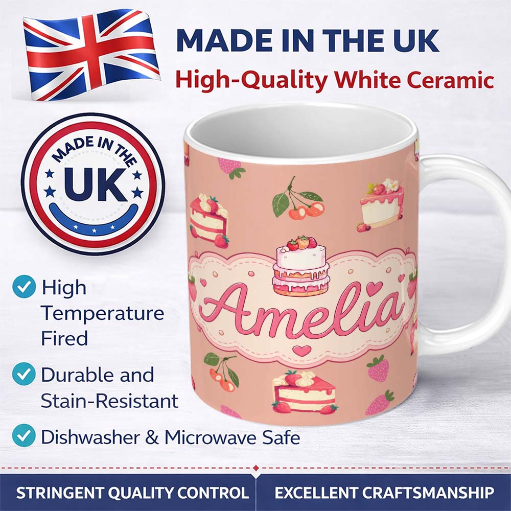 Personalized Custom Name Cute Strawberry Cherry Cake Dessert Beige Background Seamless 11oz Ceramic Coffee Tea Mug White Large Handle