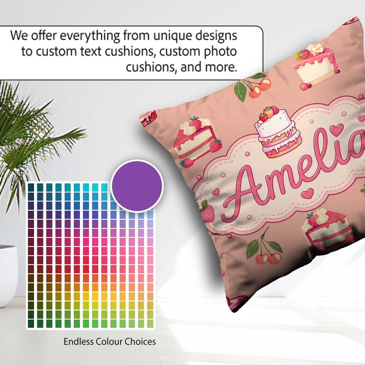 Custom Name Cute Strawberry Cherry Cake Dessert Beige Background Square Filled Cushion Throw Pillow Sofa Bed Home Decor Zip Washable UK Made