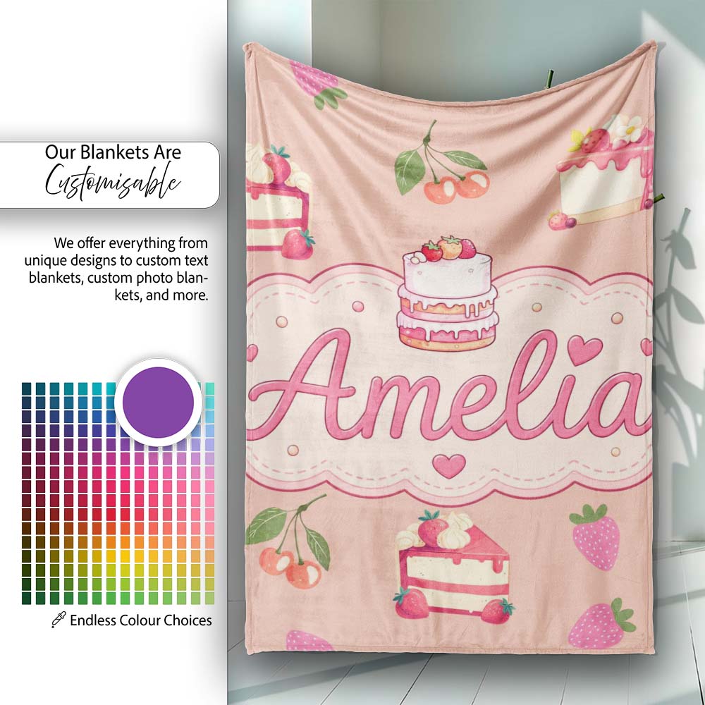 Cute Strawberry Cherry Cake Dessert Beige Background Seamless Personalised Custom Name Super Soft Fleece Blanket Bed Sofa Throw