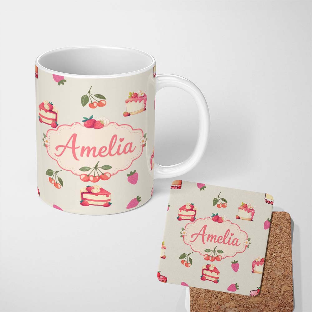 Personalized Custom Name Cute Strawberry Cherry Cake Dessert Cream Background Seamless 11oz Ceramic Coffee Tea Mug White Large Handle