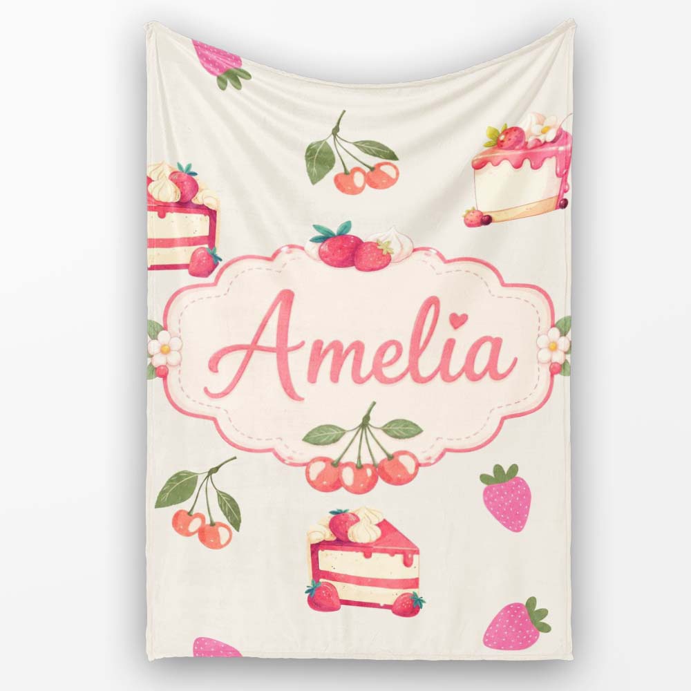 Cute Strawberry Cherry Cake Dessert Cream Background Seamless Personalised Custom Name Super Soft Fleece Blanket Bed Sofa Throw