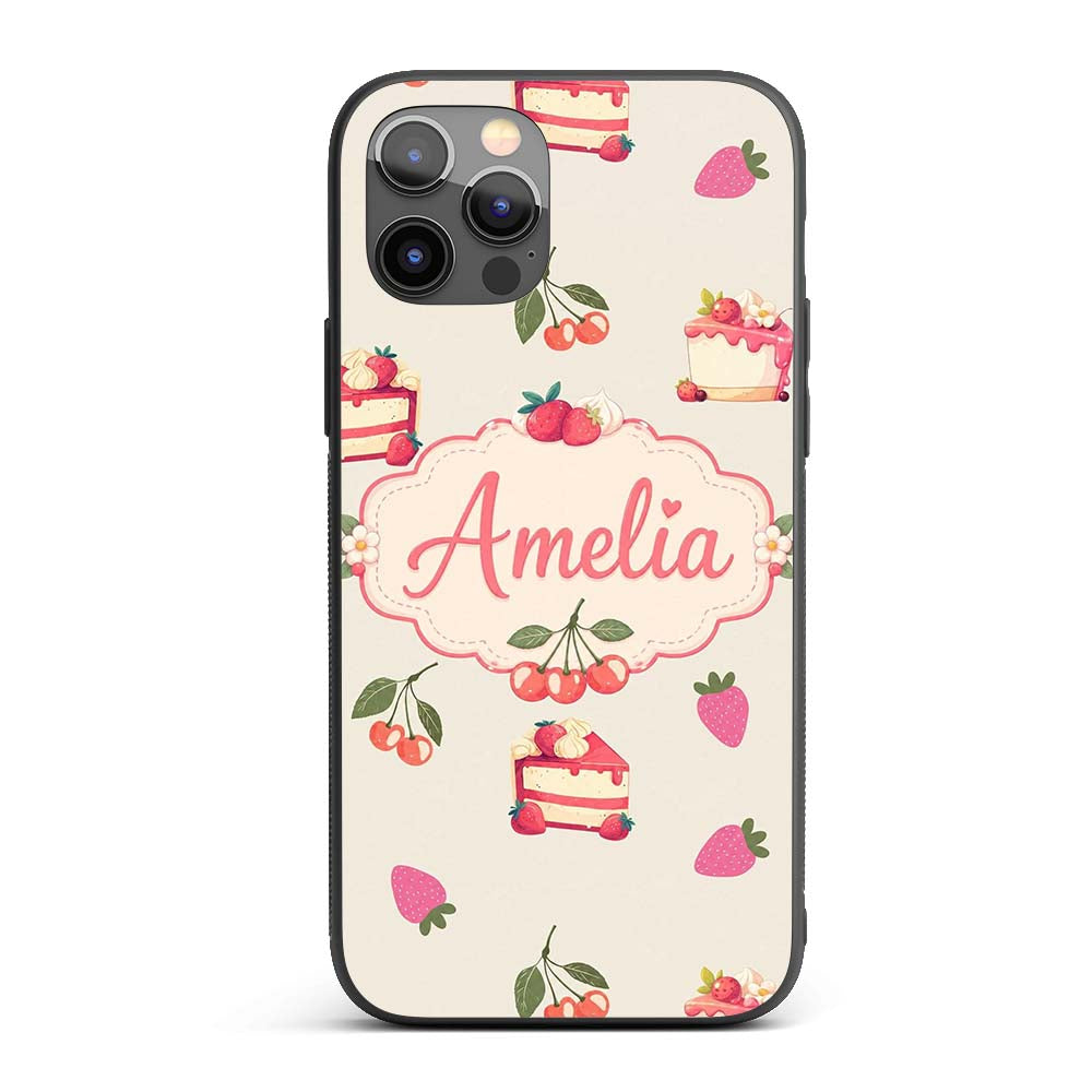 Cute Strawberry Cherry Cake Decorative Design Custom Name Protective Phone Case Mobile Cover Durable Everyday Smartphone Shock Resistant