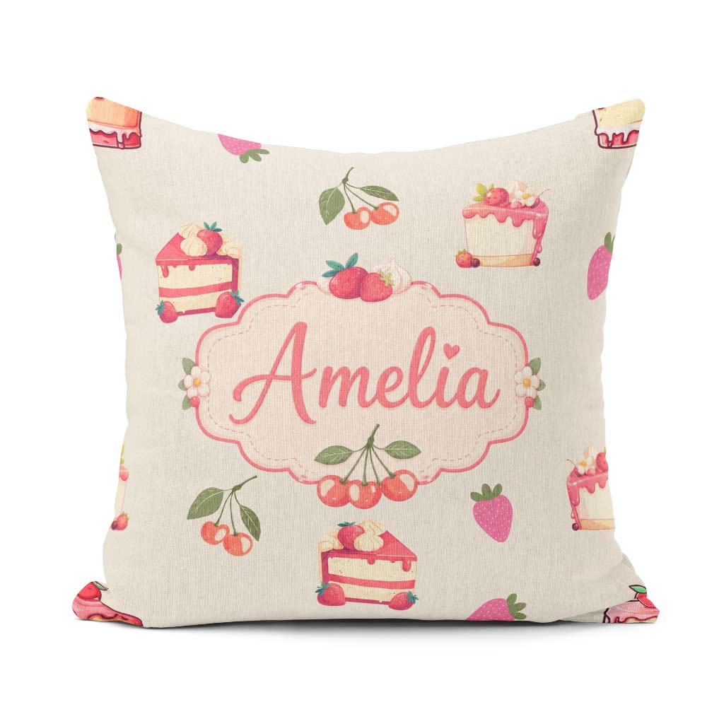 Custom Name Cute Strawberry Cherry Cake Dessert Cream Background Square Filled Cushion Throw Pillow Sofa Bed Home Decor Zip Washable UK Made