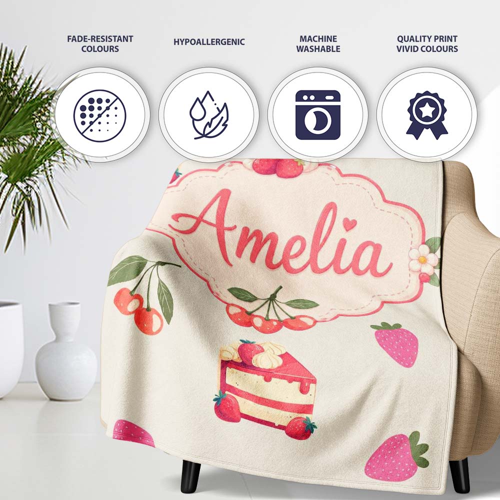 Cute Strawberry Cherry Cake Dessert Cream Background Seamless Personalised Custom Name Super Soft Fleece Blanket Bed Sofa Throw