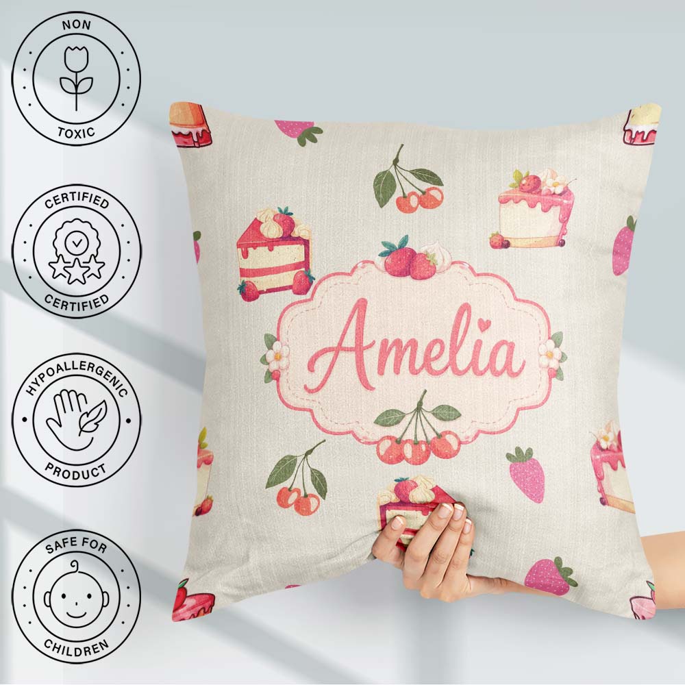 Custom Name Cute Strawberry Cherry Cake Dessert Cream Background Square Filled Cushion Throw Pillow Sofa Bed Home Decor Zip Washable UK Made