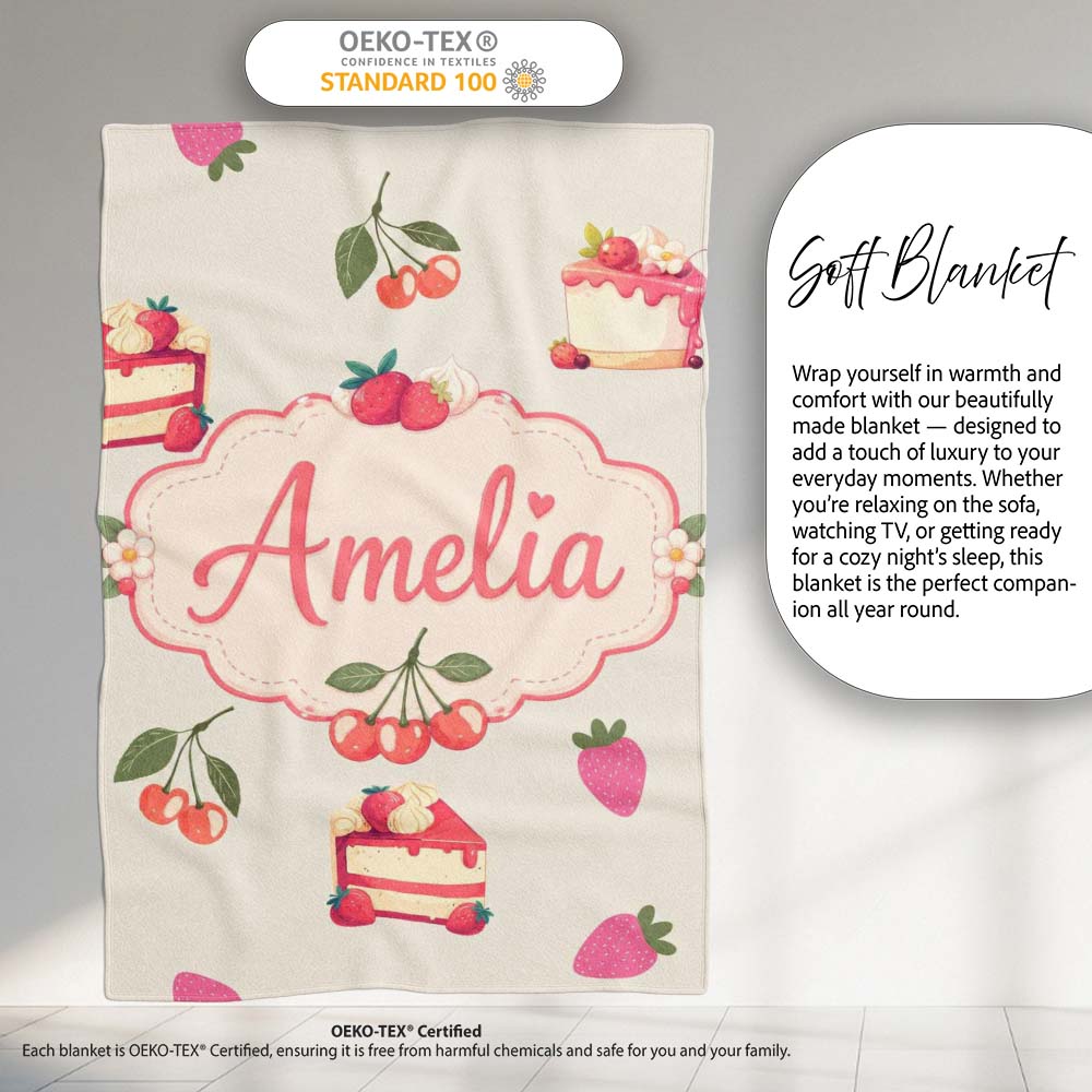 Cute Strawberry Cherry Cake Dessert Cream Background Seamless Personalised Custom Name Super Soft Fleece Blanket Bed Sofa Throw