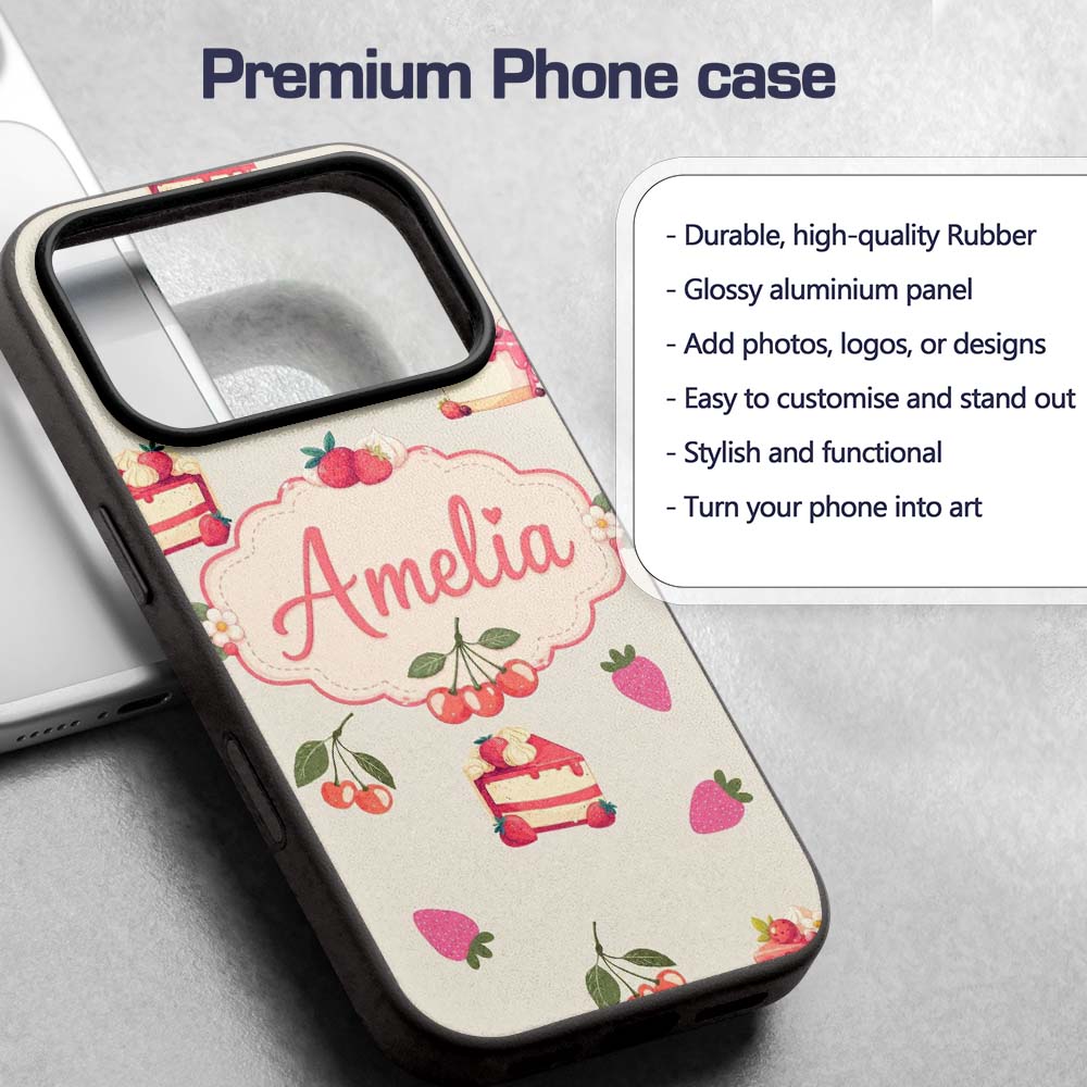 Cute Strawberry Cherry Cake Decorative Design Custom Name Protective Phone Case Mobile Cover Durable Everyday Smartphone Shock Resistant