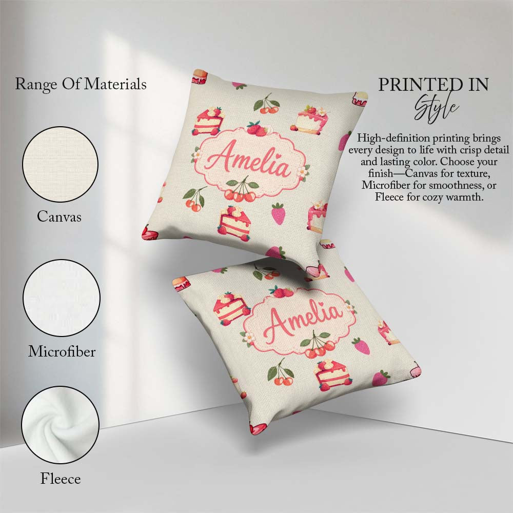 Custom Name Cute Strawberry Cherry Cake Dessert Cream Background Square Filled Cushion Throw Pillow Sofa Bed Home Decor Zip Washable UK Made