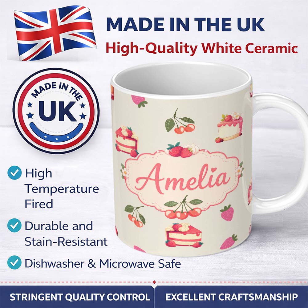 Personalized Custom Name Cute Strawberry Cherry Cake Dessert Cream Background Seamless 11oz Ceramic Coffee Tea Mug White Large Handle