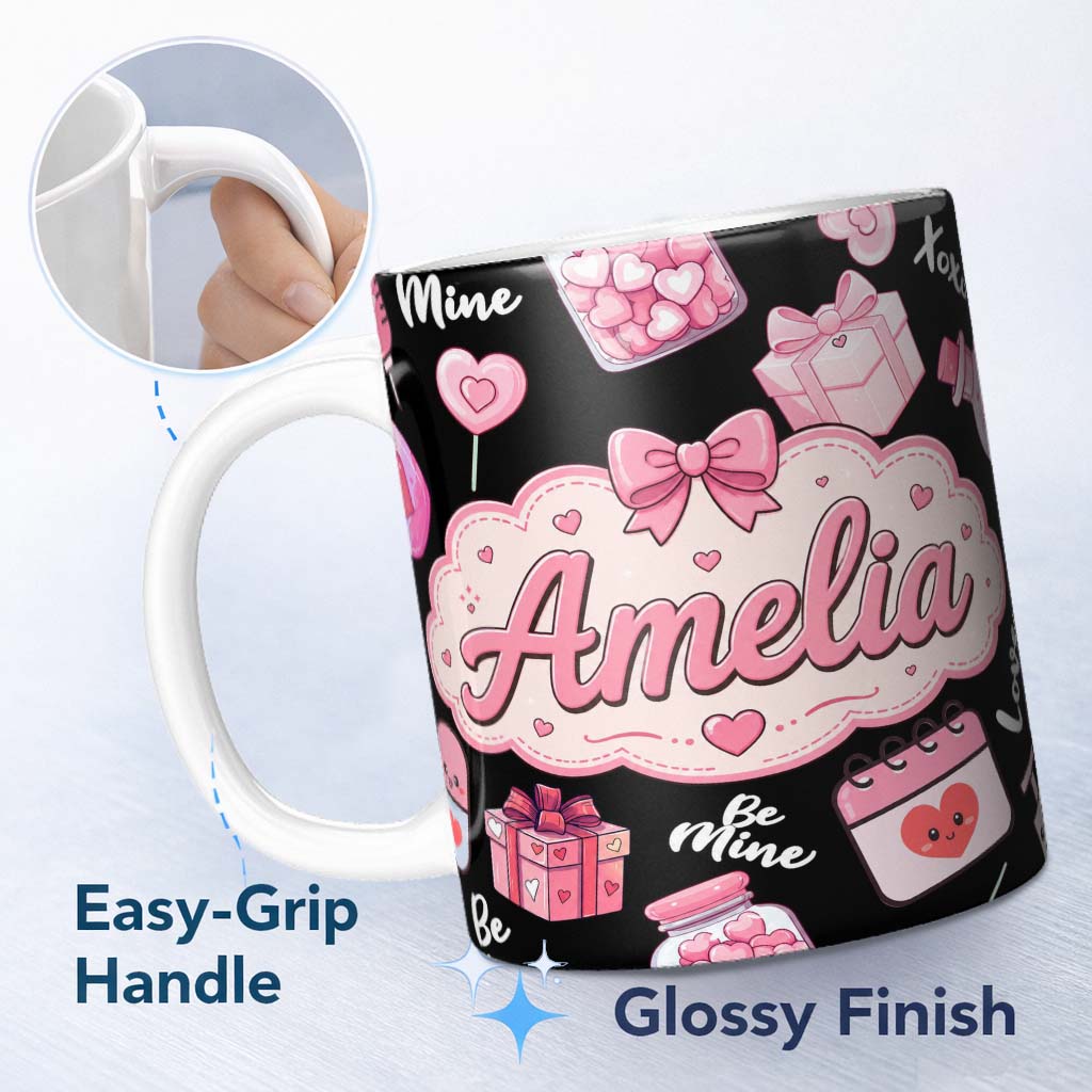 Personalized Custom Name Cute Kawaii Valentine Love Hearts Syringe Gift Calendar Black Lovely 11oz Ceramic Coffee Tea Mug White Large Handle