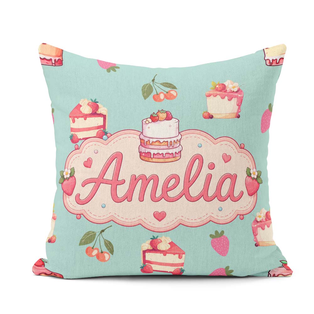 Custom Name Strawberry Cherry Cake Dessert Mint Green Background Square Filled Cushion Throw Pillow Sofa Bed Home Decor Zip Washable UK Made