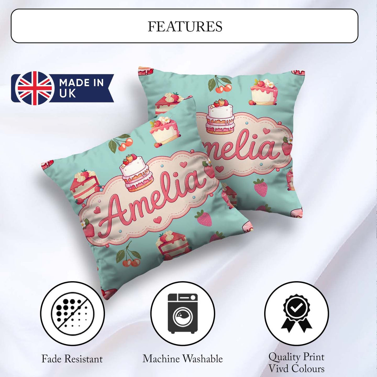 Custom Name Strawberry Cherry Cake Dessert Mint Green Background Square Filled Cushion Throw Pillow Sofa Bed Home Decor Zip Washable UK Made