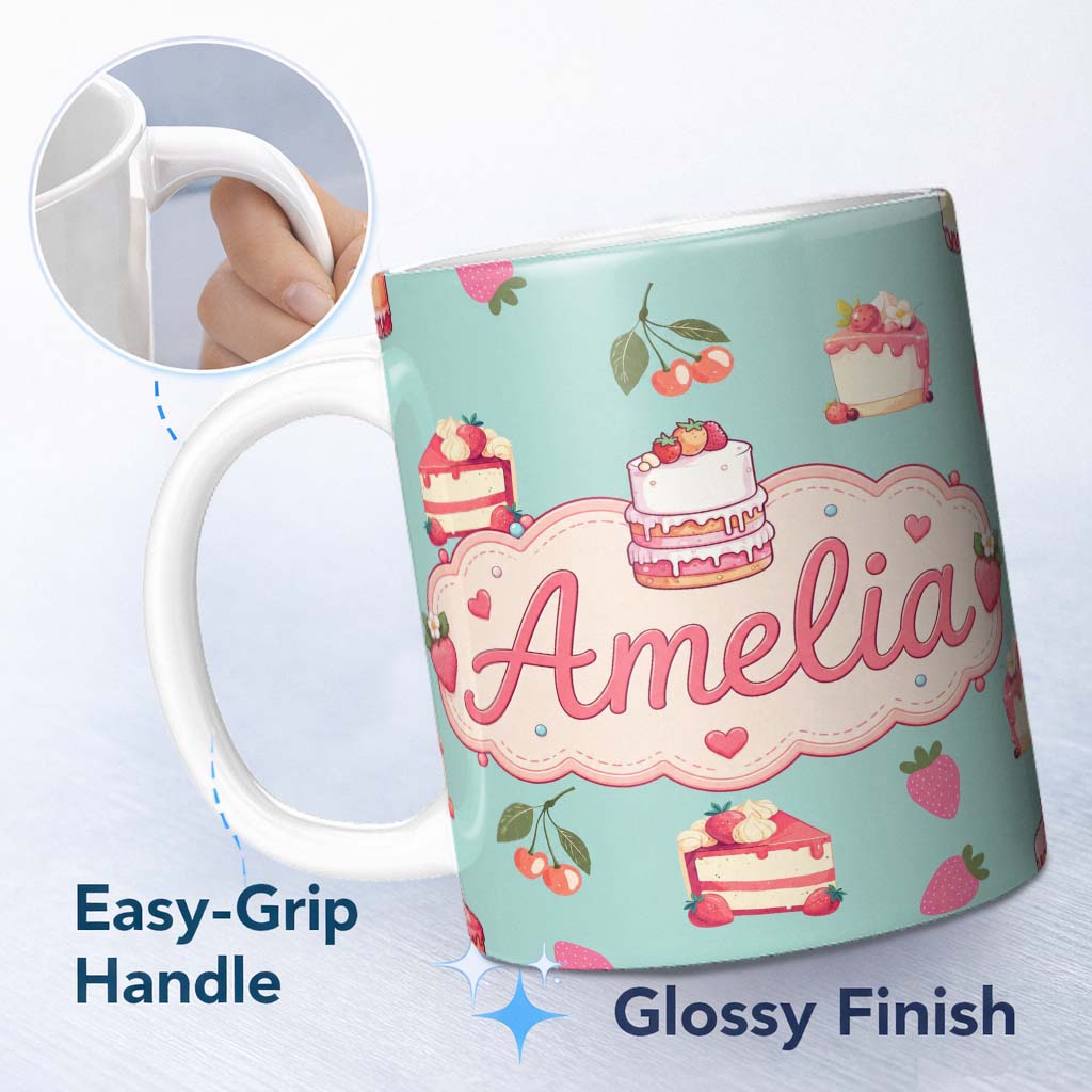 Personalized Custom Name Cute Strawberry Cherry Cake Dessert Mint Green Background Seamless 11oz Ceramic Coffee Tea Mug White Large Handle