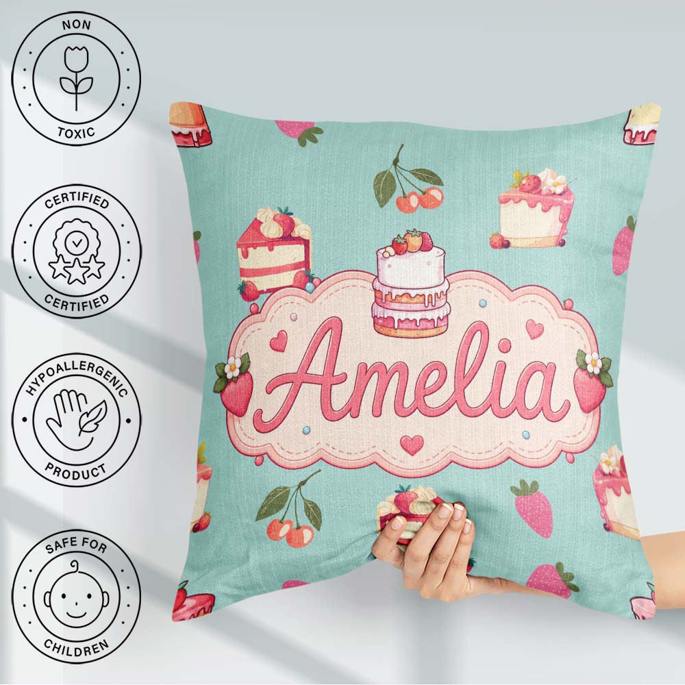 Custom Name Strawberry Cherry Cake Dessert Mint Green Background Square Filled Cushion Throw Pillow Sofa Bed Home Decor Zip Washable UK Made