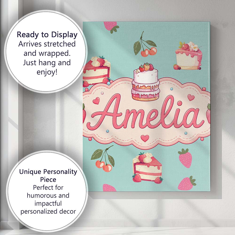 Personalised Name Cute Strawberry Cherry Custom Unique Gift Idea Elegant Feature Canvas Wall Art Print Decor Picture Ready to Hang