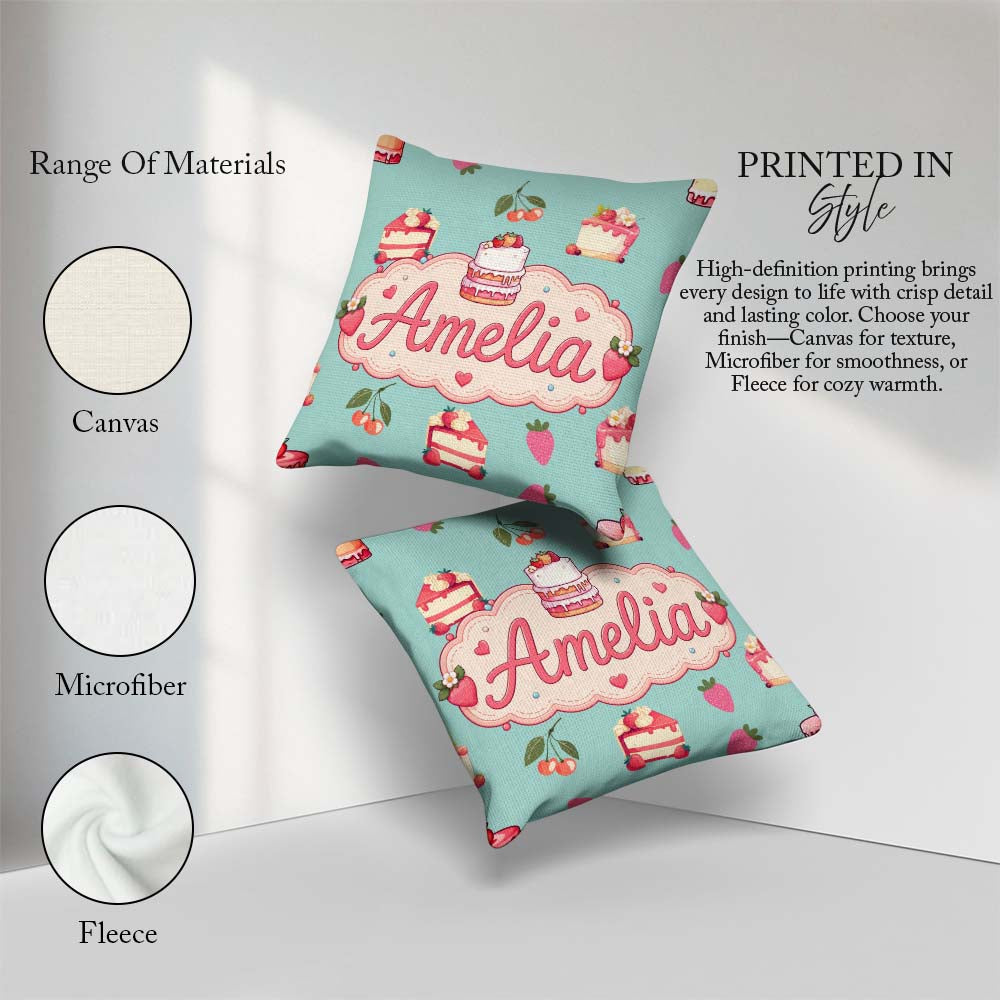 Custom Name Strawberry Cherry Cake Dessert Mint Green Background Square Filled Cushion Throw Pillow Sofa Bed Home Decor Zip Washable UK Made