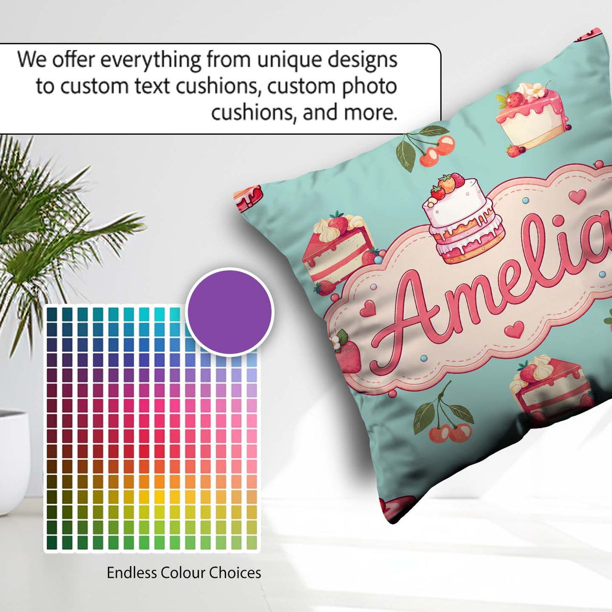 Custom Name Strawberry Cherry Cake Dessert Mint Green Background Square Filled Cushion Throw Pillow Sofa Bed Home Decor Zip Washable UK Made