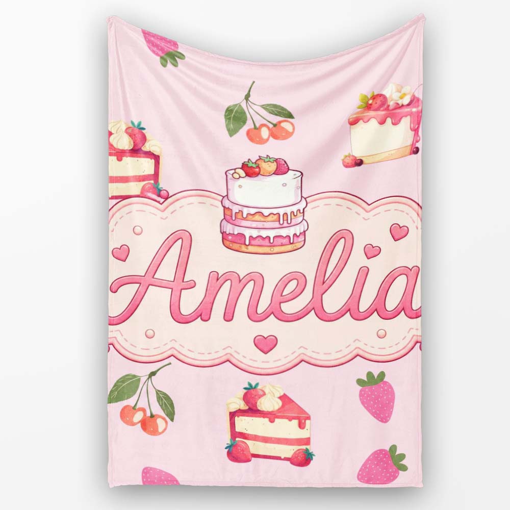 Cute Strawberry Cherry Cake Dessert Soft Pink Background Seamless Personalised Custom Name Super Soft Fleece Blanket Bed Sofa Throw