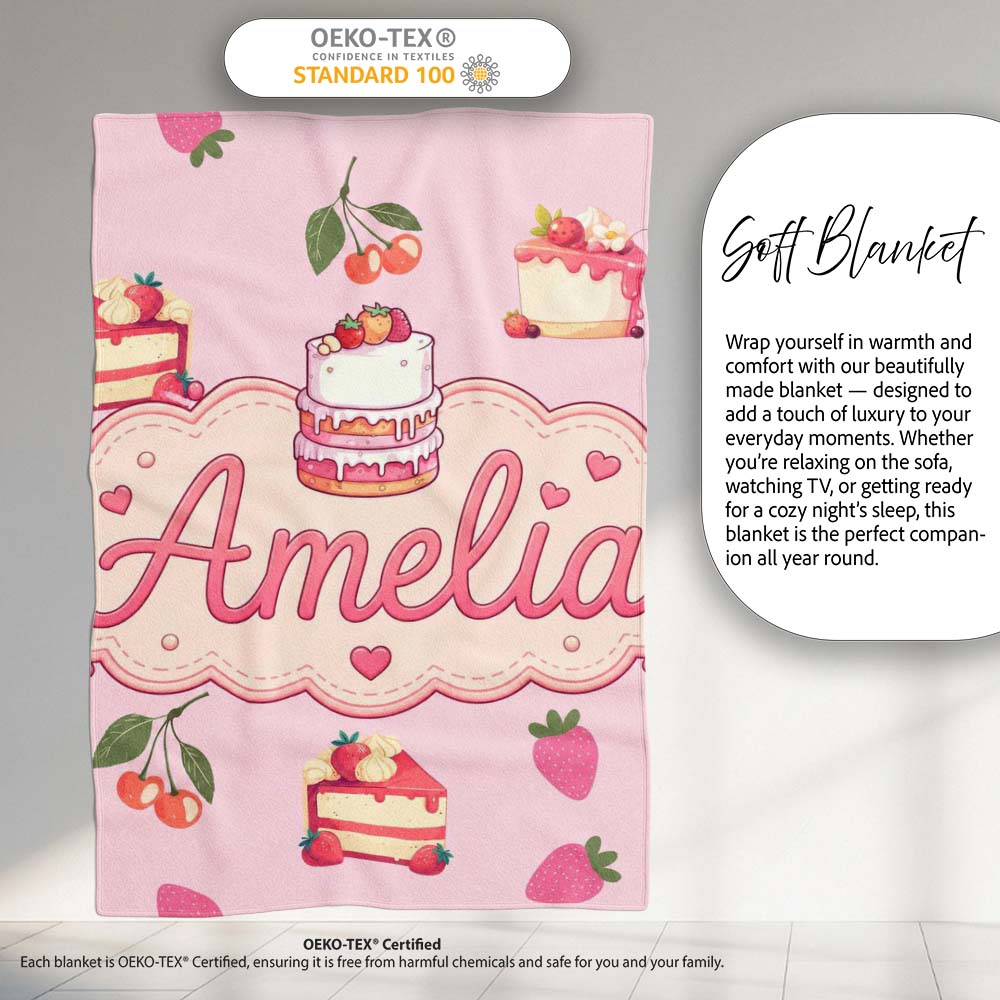 Cute Strawberry Cherry Cake Dessert Soft Pink Background Seamless Personalised Custom Name Super Soft Fleece Blanket Bed Sofa Throw