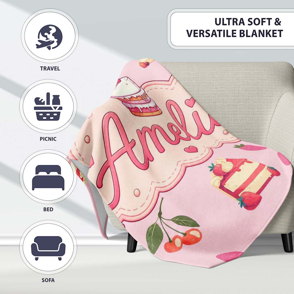 Cute Strawberry Cherry Cake Dessert Soft Pink Background Seamless Personalised Custom Name Super Soft Fleece Blanket Bed Sofa Throw