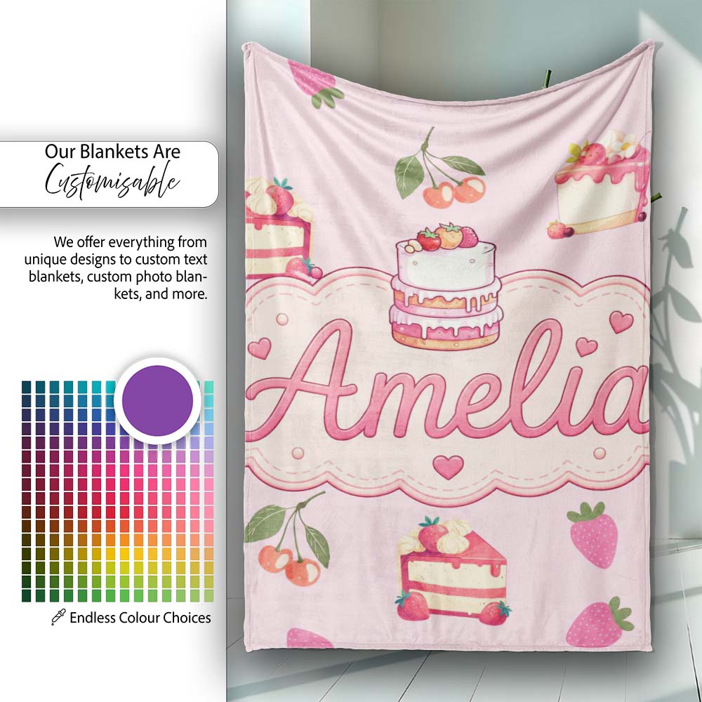 Cute Strawberry Cherry Cake Dessert Soft Pink Background Seamless Personalised Custom Name Super Soft Fleece Blanket Bed Sofa Throw