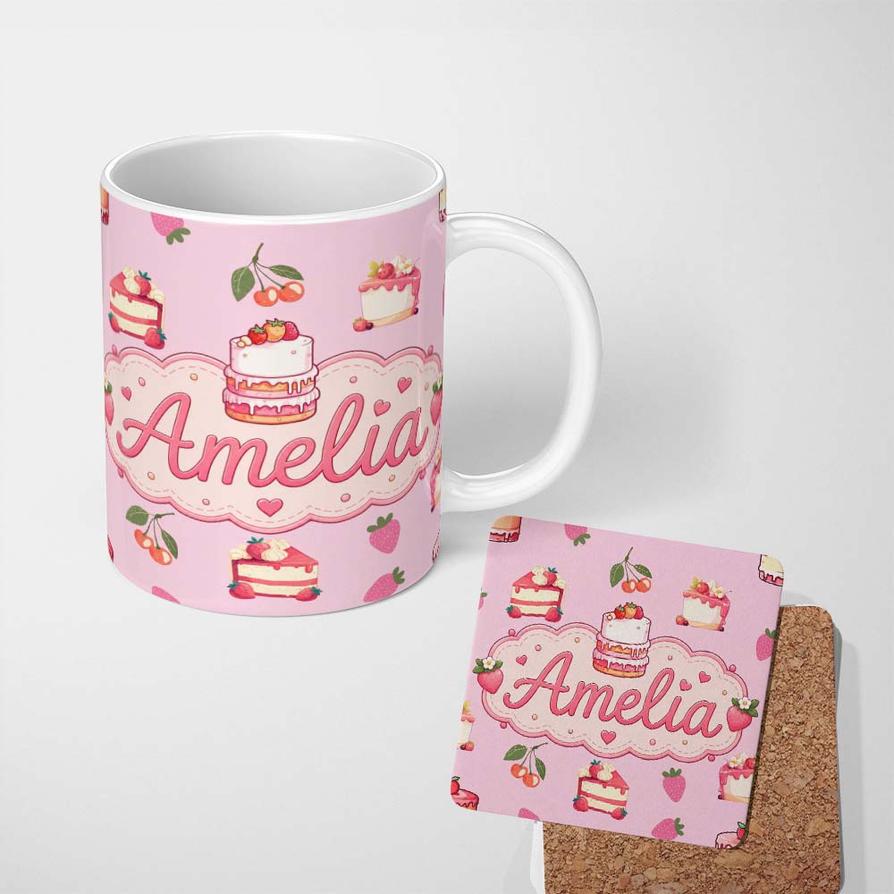 Personalized Custom Name Cute Strawberry Cherry Cake Dessert Rose Pink Background Seamless 11oz Ceramic Coffee Tea Mug White Large Handle