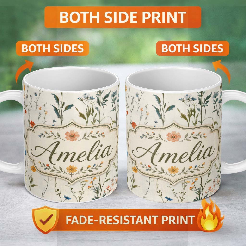 Personalized Custom Name Soft Vintage Botanical Wildflowers on Cream Seamless Pattern Lovely 11oz Ceramic Coffee Tea Mug White Large Handle