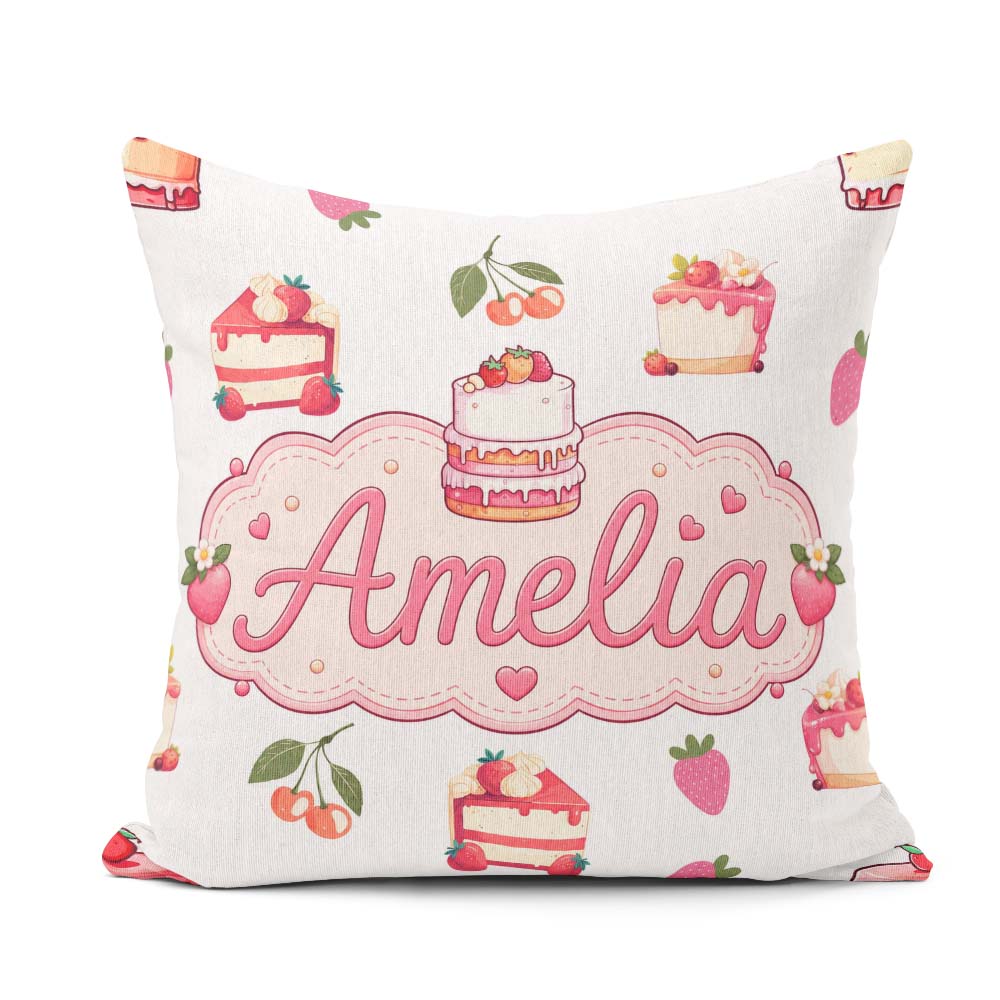 Custom Name Strawberry Cherry Cake Dessert Light Grey Background Square Filled Cushion Throw Pillow Sofa Bed Home Decor Zip Washable UK Made