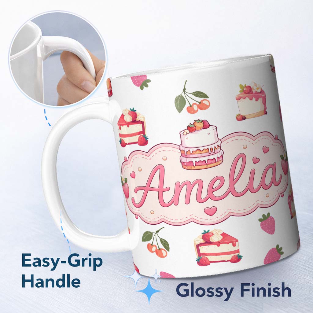 Personalized Custom Name Cute Strawberry Cherry Cake Dessert Light Grey Background Seamless 11oz Ceramic Coffee Tea Mug White Large Handle